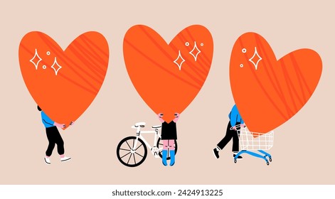 People hold big red Hearts. Person with bicycle, carrying heart in shopping cart. Cartoon style. Hand drawn Vector illustration. Love, Valentine's day, romance concept. Isolated design elements