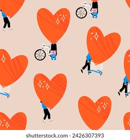 People hold big red Hearts. Person with bicycle, carrying heart in shopping cart. Cartoon style. Hand drawn Vector illustration. Love, Valentine's day, romance concept. Square seamless Pattern