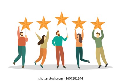 People hold big stars over their heads. Rating, five stars. Customer feedback. Vector