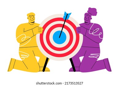 People hold big target with arrow in bullseye, teamwork success, people run to their goal, target achievement. Vector illustration
