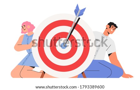 People hold big target with arrow in bullseye, teamwork success, people run to their goal, target achievement, successful team work for web page, banner, presentation. Business vector illustration.