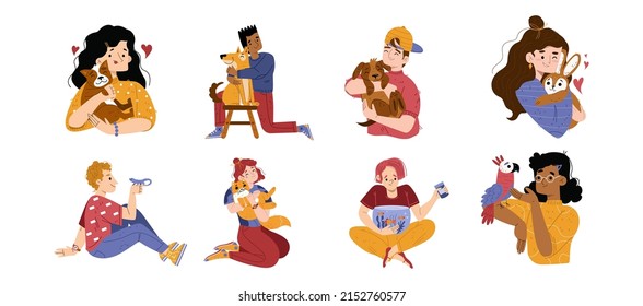 People hold bird, fish in aquarium and hug pets.Vector flat illustration of happy domestic animal owners, women and man characters with cute dogs, rabbit, cat, parrot and lizard