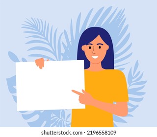 People hold blank placards. Happy men and women with empty paper boards showing, presenting, demonstrating advertisement, message. Flat graphic vector illustrations isolated on white background