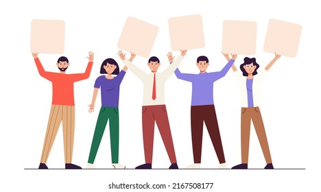 People hold blank placards. Office people. Happy men and women with empty paper boards showing, presenting, demonstrating advertisement, message. Vector illustrations isolated on white background