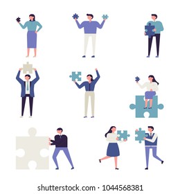 people hold blue puzzle. vector illustration flat design
