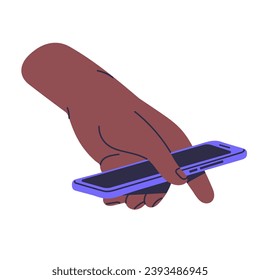 La gente se sostiene, cargando el smartphone apagado en la mano. Teléfono móvil con pantalla negra, apagado celular. Desintoxicación digital. Dispositivo moderno de comunicación. Ilustración vectorial aislada plana en blanco