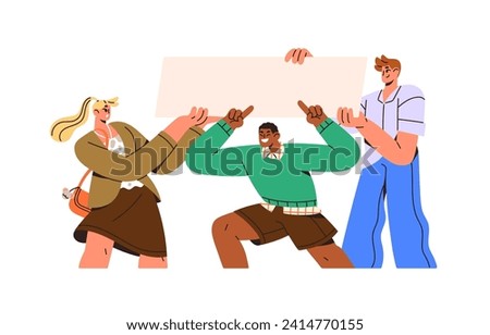 People hold clean ad placard, poster. Team showing blank banner, board. Person pointing to place for text on the background. Empty sheet of presentation. Flat isolated vector illustration on white