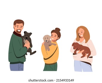 La gente sostiene cachorros adorables de perro en sus brazos, una familia con animales. gente feliz con animales. Gráficos vectoriales planos aislados en fondo blanco