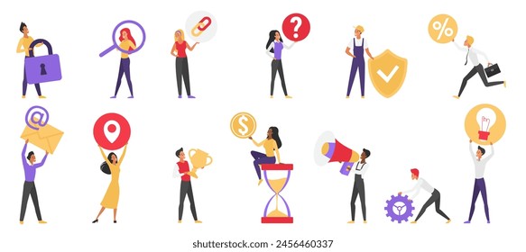 People hold different icons set. Tiny characters diverse group holding gold cup for achievement, raising question and percentage mark, magnifying glass and safety shield cartoon vector illustration