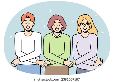 People hold each other with arms crossed in front. Synergies, mutual help, coordination, cooperation between colleagues at work. Man, women support to each other. Vector linear illustration.