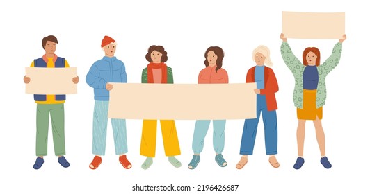 People hold empty banner for your text. Protesting young men, women and welcome posters. Students on rally demonstration with placards. Flat design illustration