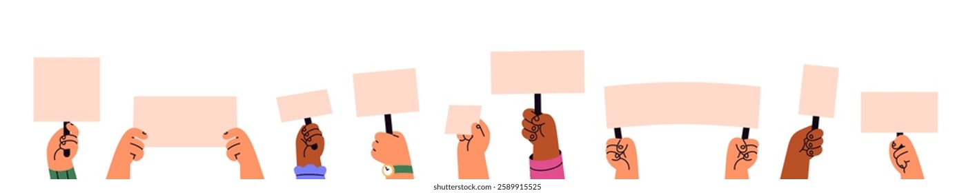 People hold empty banners, crowd shows placards in protest. Human hands with blank paper signs, posters, boards on demonstration, politic riot. Flat isolated vector illustrations on white background