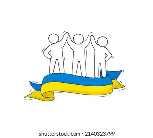 People hold the flag of Ukraine. Support concept for Ukraine. Vector cartoon icon with people against war.