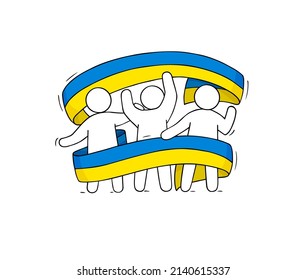 People hold the flag of Ukraine. Support concept for Ukraine. Vector cartoon icon with people against war.