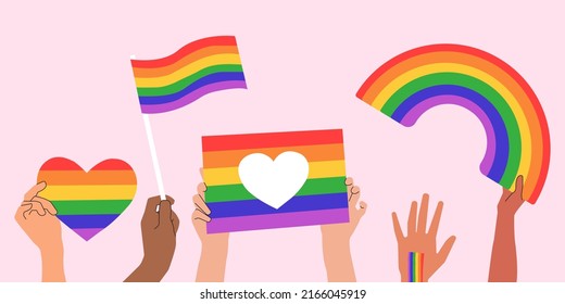 La gente sostiene una bandera con un arco iris LGBT durante la celebración del mes del orgullo contra la violencia, descripciones, violaciones de derechos humanos. Concepto de igualdad y autoafirmación. Ilustración vectorial.