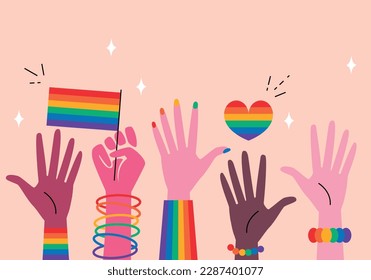 People hold flags support LGBT community. Homosexual people. Happy Pride Month concept. Gay parade element. LGBT rights