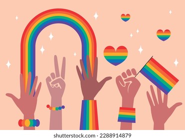 La gente lleva banderas de apoyo a la comunidad LGBT. Gente homosexual. Concepto del Mes del Orgullo Feliz. Elemento del desfile gay. Derechos LGBT