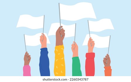 People hold flags in their hands at a demonstration against violence, discrimination, human rights violations.