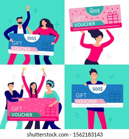 People hold gift coupon. Happy man, woman and couple rejoicing winning and holding gifts certificate. Group of people win gift voucher. Characters with shopping discount flat vector illustration set