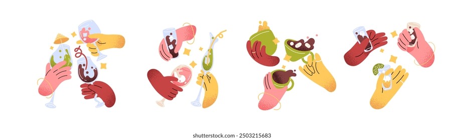 People hold glasses in hands set. Friends celebrate with different drinks at party, cheers with alcohol beverages, cocktails, coffee cups. Flat isolated vector illustrations on white background