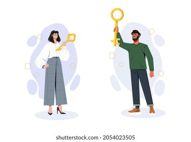 People hold golden keys. Male and female entrepreneurs have achieved success. Leaders with reward. Employees have skills. Cartoon flat vector collection illustrations isolated on white background