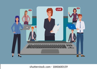 People hold a group meeting using a video conference.Freelance remote work using new technologies.It can be used for web design.Flat vector illustration.