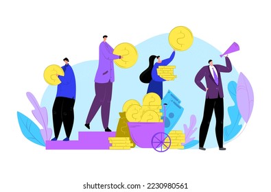 People hold in hand finance coin money, business currency investment vector illustration. Businessman woman giving money cash concept.