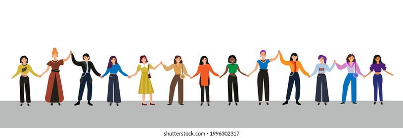 People hold hands banner. Group of young fashion women activists standing together and holding hands. Girl's Power feminism concept. Vector illustration