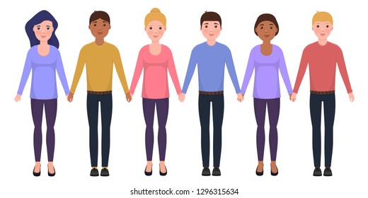 People hold hands, characters in flat style, Friendship vector illustration