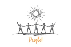 People! People Hold Hands, Children's Drawing. Vector Business Concept Hand Drawn Sketch.