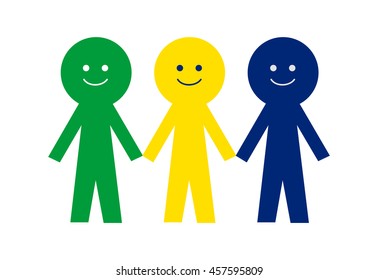 People hold hands with smiley face. color of brazil is green yellow and blue. relationship of human.