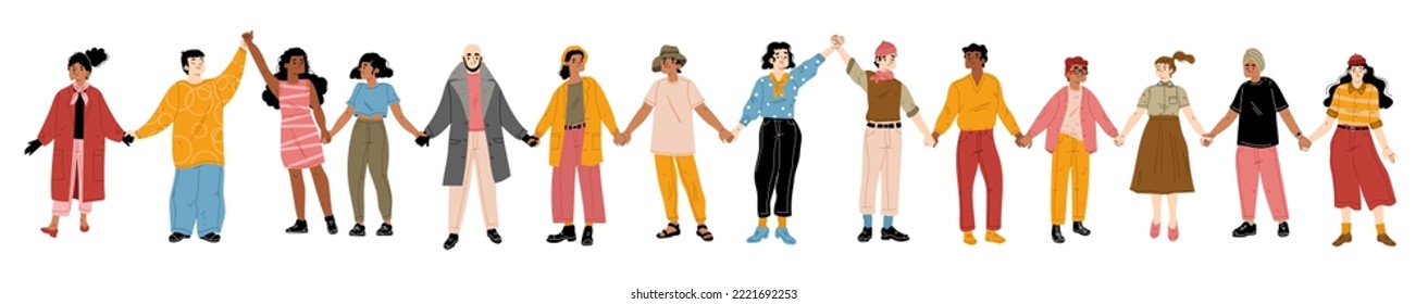 People hold hands, smiling happy men and women stand in row together. Modern multicultural society happiness or friendship. Male and female characters community Cartoon linear flat vector illustration