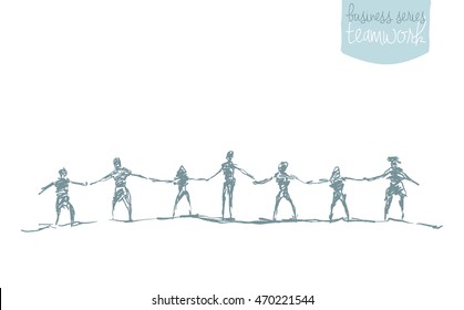 People hold hands in a spirit of togetherness, vector illustration, hand drawn, sketch