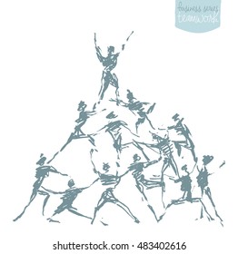 People hold hands in a spirit of togetherness, team up in a pyramid. Success, teamwork, cooperation, winning. Concept vector illustration, sketch