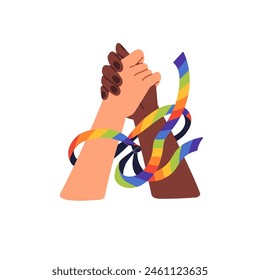 People hold hands tied with rainbow ribbon. LGBT community. Unity of homosexual, non binary characters. International LGBTQ solidarity, support. Flat isolated vector illustration on white background