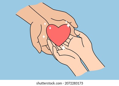 People hold heart in hands show love and care in relations. Human kindness and support. Volunteer demonstrate mercy and goodness. Charity, affection concept. Flat vector illustration. 
