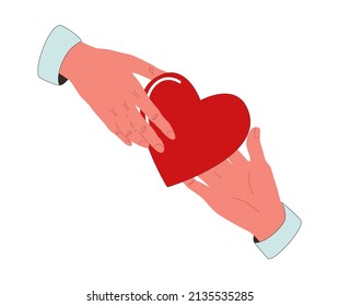People hold heart in hands show love and care in relations. Human kindness and support. Volunteer demonstrate mercy and goodness. Charity, affection concept. Flat vector illustration.