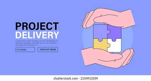 People hold jigsaw puzzle. Concept of business delivery or solution, teamwork and project realization, office or team corporate work organisation management. Characters fulfill tasks together.