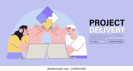 People hold jigsaw puzzle. Concept of business delivery or solution, teamwork and project realization, office or team corporate work organisation management. Characters fulfill tasks together.