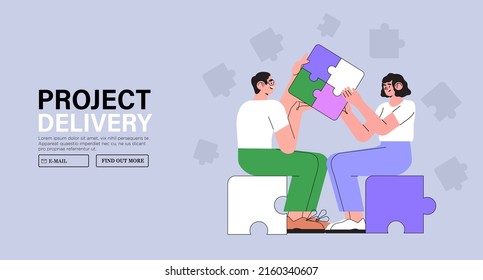 People hold jigsaw puzzle. Concept of business delivery or solution, teamwork and project realization, office or team corporate work organisation management. Characters fulfill tasks together.