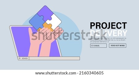 People hold jigsaw puzzle. Concept of business delivery or solution, teamwork and project realization, office or team corporate work organisation management. Characters fulfill tasks together.