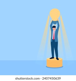 people hold the lamp of ideas above coins, a metaphor for intellectual property rights. Simple flat conceptual illustration.