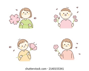 People hold large cherry blossoms in their hands. A cute character with a round face. flat design style vector illustration.