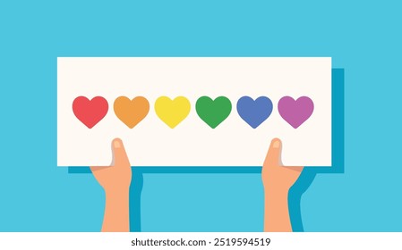 People hold LGBT Pride signs. Hands holding rainbow flag vector illustration