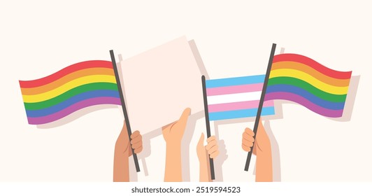 People hold LGBT Pride signs. Hands holding rainbow flag vector illustration