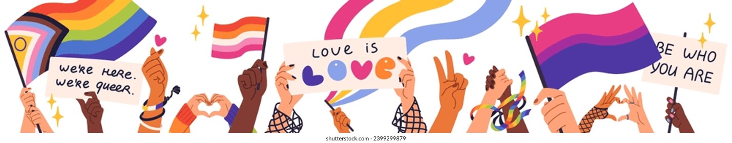 People hold LGBT progressive, lesbian, bisexual flags. Hands with rainbow posters gesturing hearts. LGBTQ community. Gay parade banner. Pride month meeting. Flat isolated vector illustrations on white