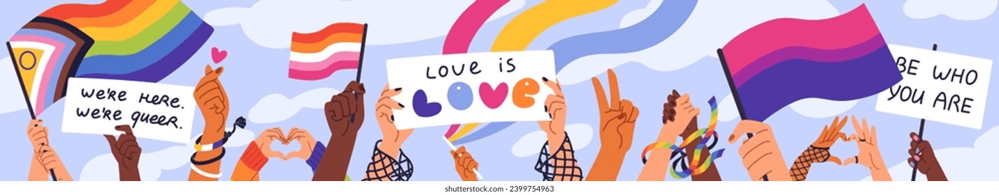 People hold LGBT progressive, lesbian, bisexual flags. Hands with rainbow posters gesturing hearts. LGBTQ community. Gay parade banner. Pride month meeting. Flat isolated vector illustrations on white