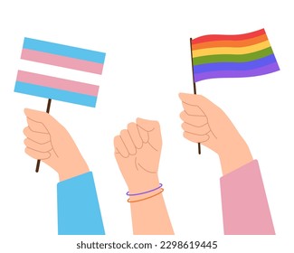 People hold LGBT rainbow flags and transgender flag during pride month celebration against discrimination and human rights violations. Equality and self-affirmarmation. Vector illustration