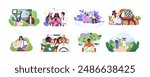 People hold, looking at map set. Tourists navigate, search their location and look for route. Geolocation, destination of way in car journey. Flat isolated vector illustrations on white background