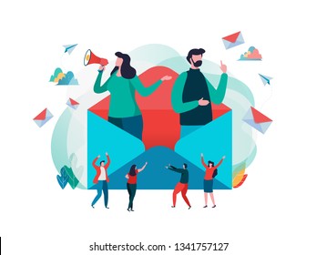 People hold mail. Working process, New email message, mail notification. Social network,chatting,reading letter, New incoming message, spam. Vector illustration background. Flat cartoon character